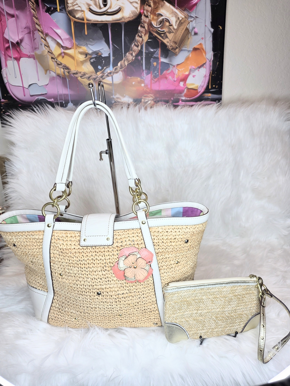Coach Hamptons LE 2pcs Straw Flower Tote & Wristlet Set Coral Appliqué Floral - Picture 2 of 15